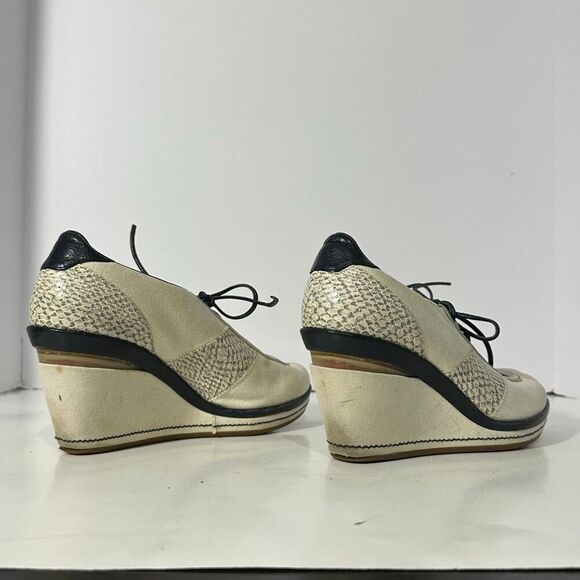 Cole Haan Canvas and Leather Lace-up Wedge Shoes Off-white & Blue | Women Size 6 - Picture 4 of 16